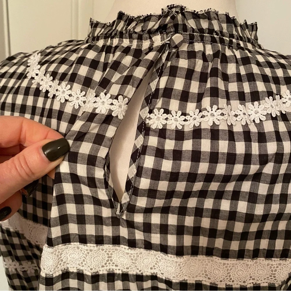 J. CREW NEW TOP BLOUSE BLACK WHITE GINGHAM CHECK LACE SHORT PUFF SLEEVE SIZE M